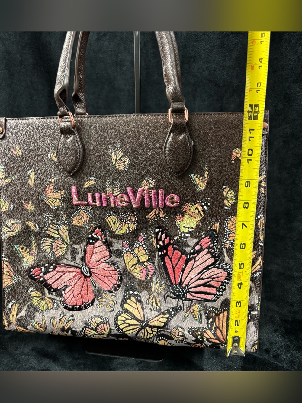 LuneVille Butterfly Coffee Brown Embroidered Large Tote Bag - Picture 14 of 14